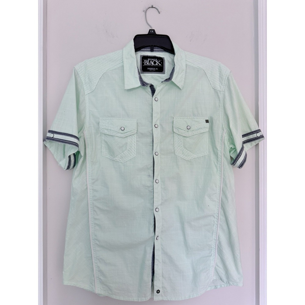 Mens Buckle Black Western Shirt Pearl Snap Short Sleeve Sz XL Mint Green Cowboy